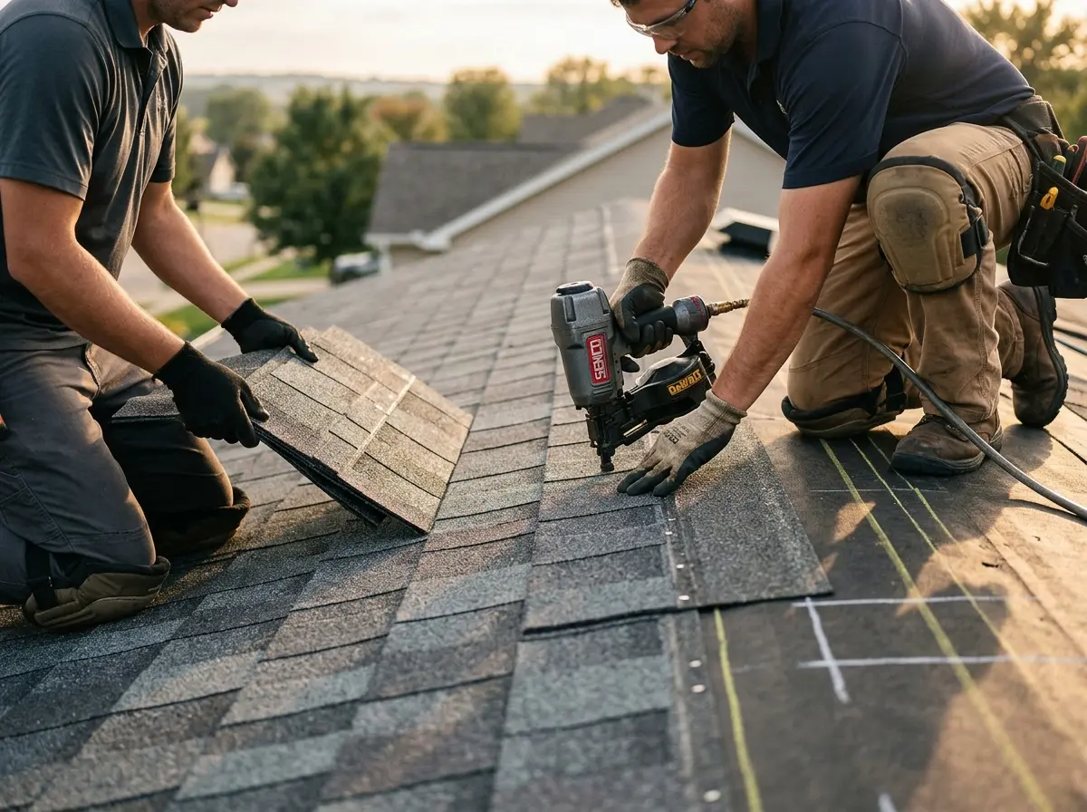 Professional roofer working on a residential roof in Baldwin